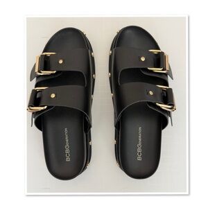 BCBGeneration Bamba Black Slides with Gold Buckles